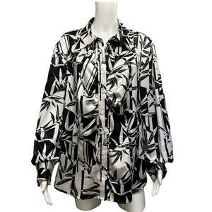 Equation Black White Patterned Silky Polyester Button Front Blouse Plus Size 2X